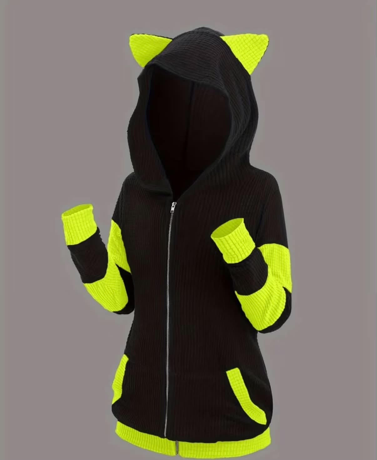 Thickened Cat Ear Mid-Length Color-Block Hooded Sweatshirt Jacket