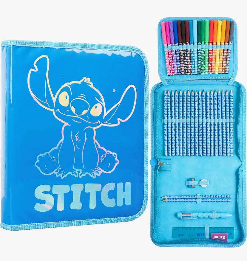 Disney Stitch Pencil Case for Girls Filled with School Supplies, Large Capacity Frozen Colouring Stationery Set for Kids Tweens, Gifts for Girls (Blue Stitch 1 Compartment)