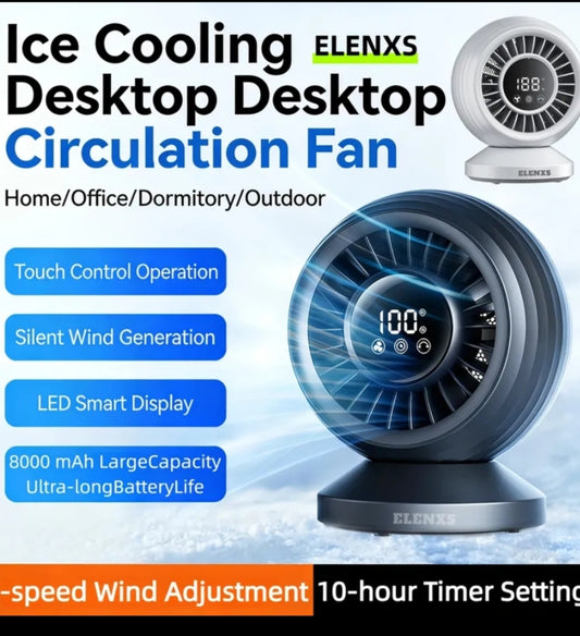 ELENXS Compact Air Circulator Desk Fan, Silent Low DB Electric Cooling Fans, Turbo Airflow Blades, High Definition Smart Digital Display, 100° Rotation, 8000Mah Extended Battery Life, 10-Hour Timer & 8 Speed Settings, Ideal for Bedrooms