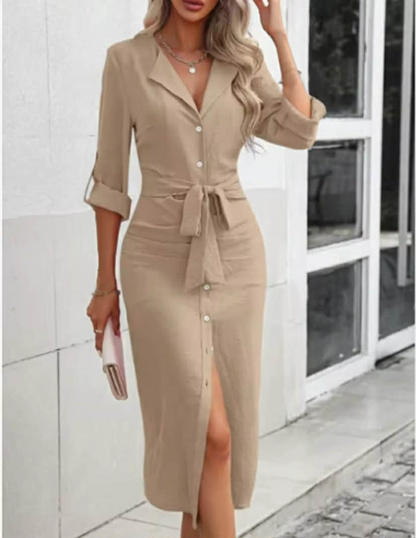 Office Lady V-neck Solid Color Shirts Style Dress