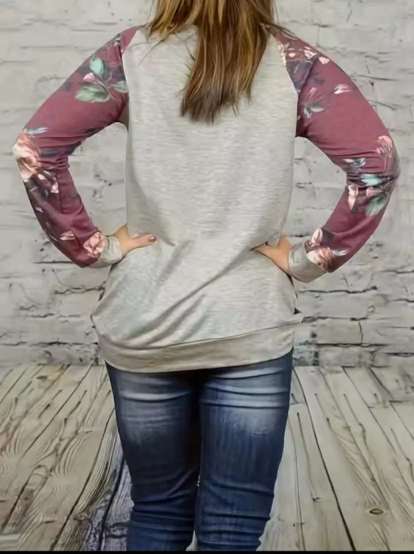 Women's Casual T-shirt Rose Print Long Sleeve Round Neck
