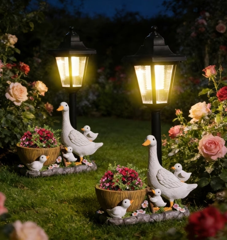 2 Pack Duck Family with Planter And Lantern Solar Outdoor Statue Light, LED Glowing Duck Garden Statues,