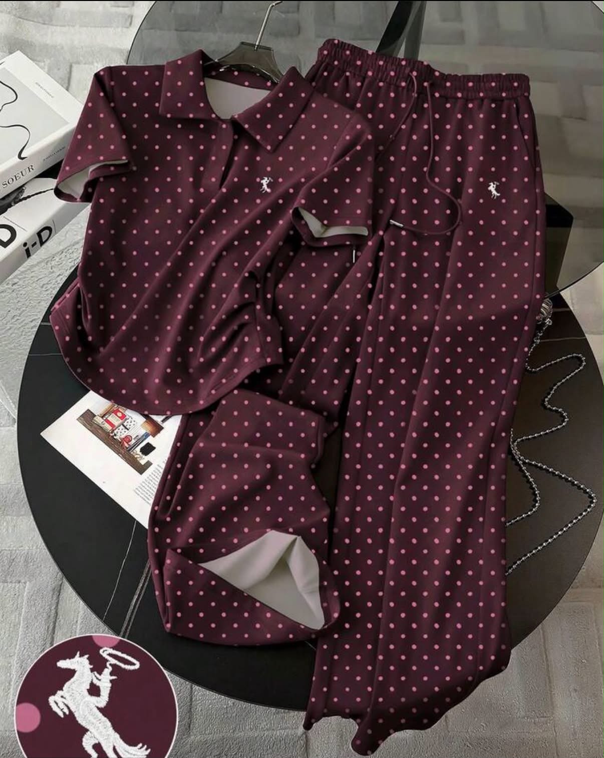 Franclia Polka Dot Digital Print Embroidered Fashionable Minimalist Women's Polo Collar T-Shirt + Pants Set,