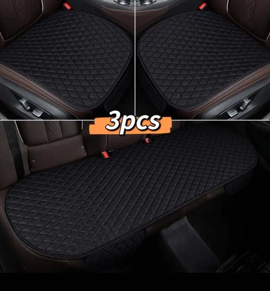 Linen Texture Car Seat Cushion 3pcs Set with Small Rhombus Embroidery, Universal All-Season Cushion with Storage Pocket, Includes 2 Front Seat Cushions and 1 Rear Seat Long Cushion, 3pcs Seat Cushion Set
