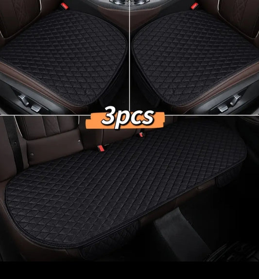 Linen Texture Car Seat Cushion 3pcs Set with Small Rhombus Embroidery, Universal All-Season Cushion with Storage Pocket, Includes 2 Front Seat Cushions and 1 Rear Seat Long Cushion, 3pcs Seat Cushion Set