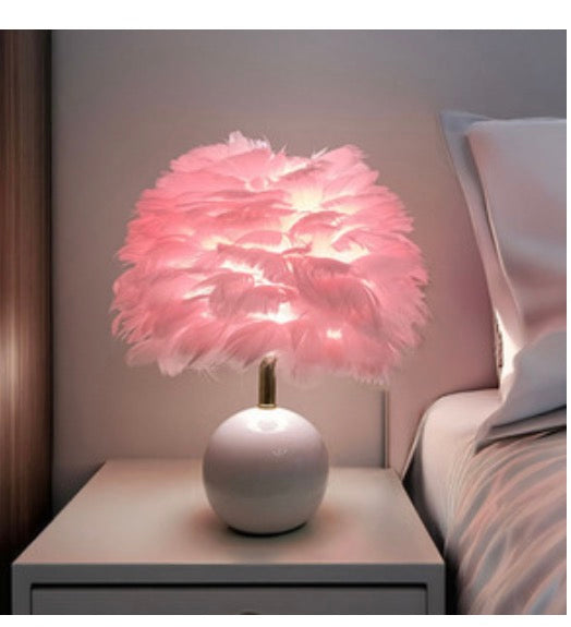 Pink Feather Table Lamp Fixture Decor with White Base
