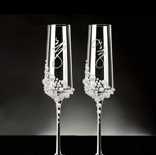 2 pcs MR & MRS Wedding Champagne Glasses with Pearl Inlay, Bride and Groom