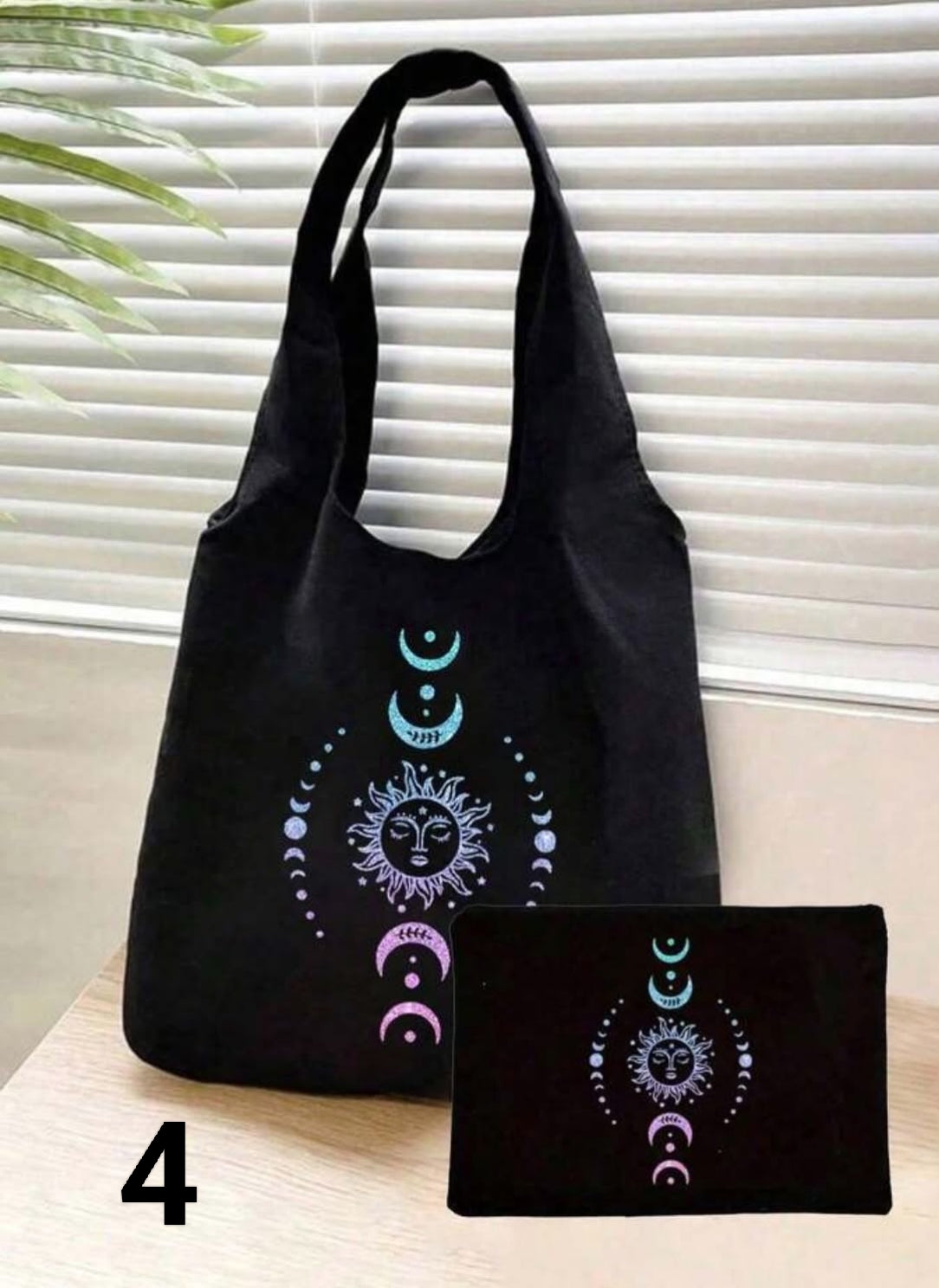 1 pc Pink And Blue Gradient Glitter Sun Moon Star Print Canvas Shoulder Bag,  Black Print Tank Top Tote Bag  Black Small Bag,