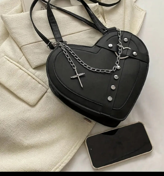 Women's Gothic Punk Rock Heart-Shaped Shoulder Bag - Rivet-Embellished Cross-Body Purse with Adjustable Strap & Zipper Closure