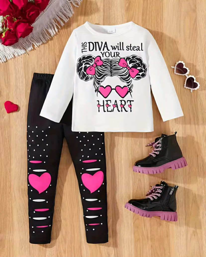 Spring Autumn Baby Girl's round Neck Cartoon Print Long Sleeve Top And Heart Print Long Pants