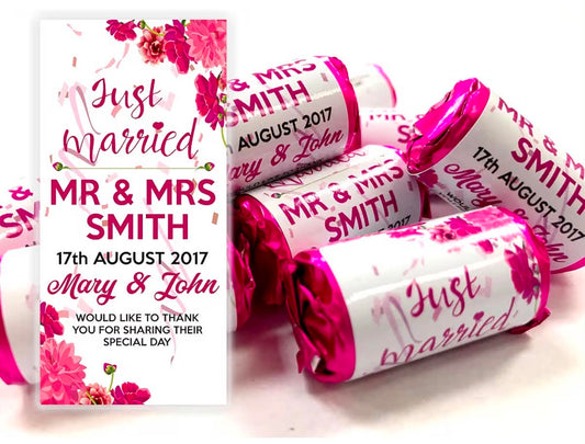 Personalised Mini Love Hearts Wedding Favours Just Married for Guests Gift Thank You Table Favours. Each roll Contains 7 Individual Sweets Suitable for Vegetarians (10)