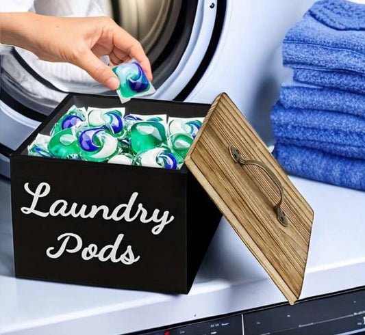 1 pc Elegant Wooden Laundry Pods Holder, Laundry Pods Container & Laundry Room Organization, Dishwasher Pod Holder For Laundry Pods, Fabric Softener, & Dryer Sheets, Farmhouse Style Decor