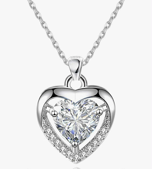 Silver Heart Necklace, 925 Sterling Silver Chain with Crystal Heart for Women -