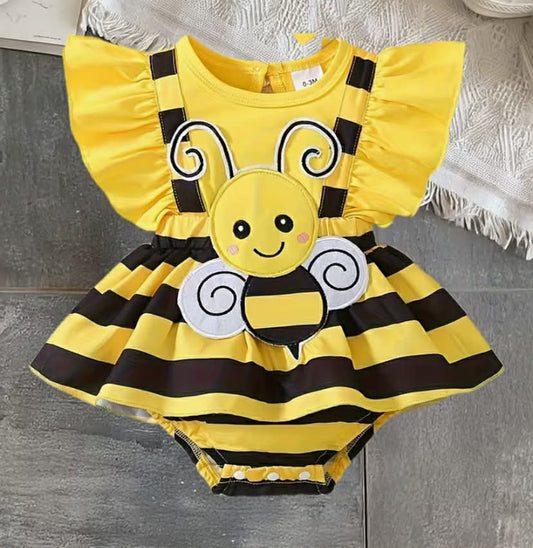 Newborn Baby Romper with Cute Bee Pattern, Ruffle Sleeves, Round Neck, Hair Accessory, Yellow and Black Stripes, Snap Crotch, Triangle Bodysuit, Perfect for Outdoor