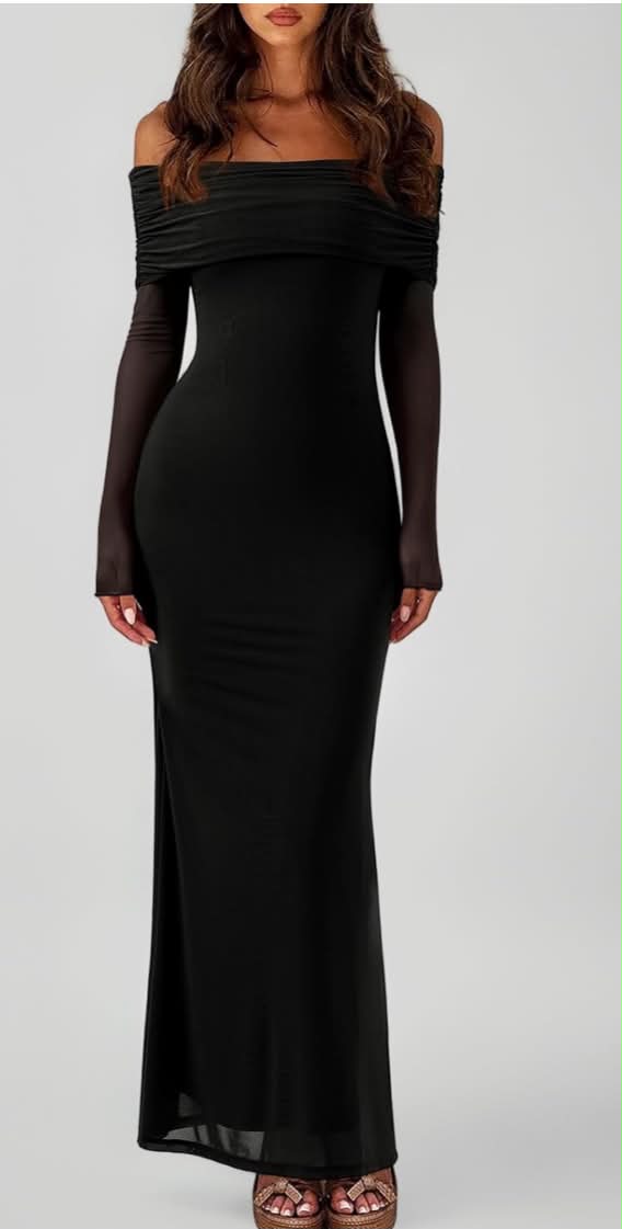 Women Off Shoulder Long Sleeve Dress Elegant Sexy Stretch Mesh Double Lined Slim Trendy Long Dresses