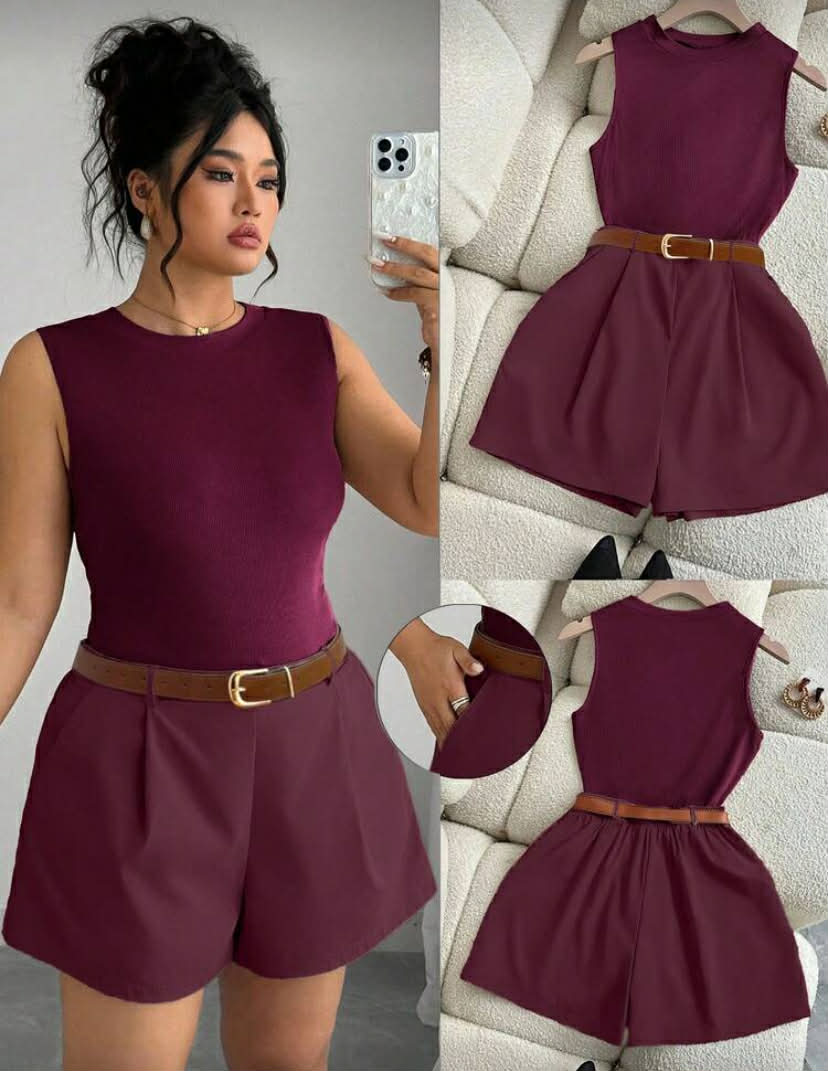 Women Sleeveless Knit Top And A-Line Shorts With Belt 2 Pieces Set, Casual Outfit 2 Piece Short Set