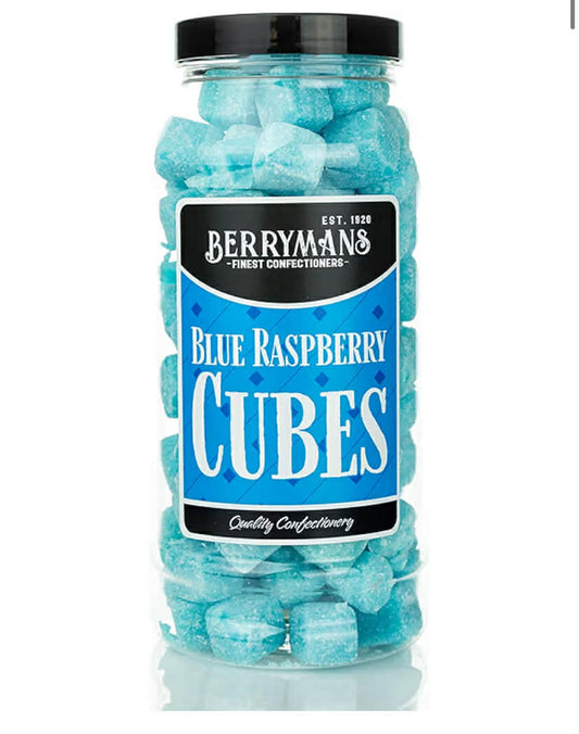 Original Blue Raspberry Cubes Retro Boiled Sweets Gift Jar by Berrymans Sweet Shop - Classic Sweets, Traditional Taste.