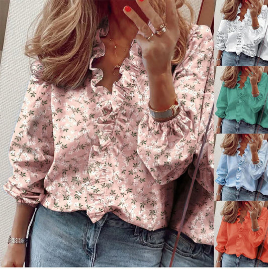 Women Ruffle V Neck Long Sleeve Shirts Summer Ladies Casual T Shirt Blouse Tops