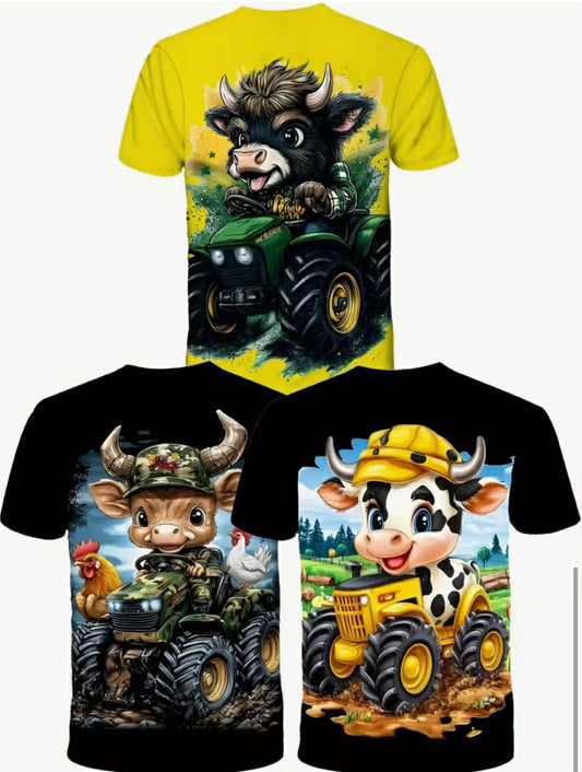 3pcs Set of Boys' Summer Trailer And Camouflage Cow Print T-Shirt
