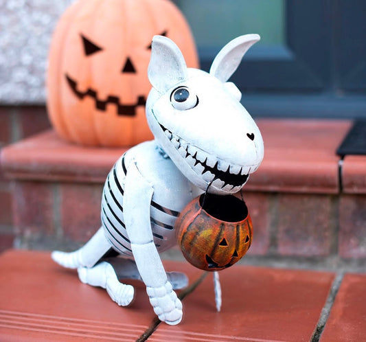 METAL SKELETON DOG ORNAMENT WITH PUMPKIN