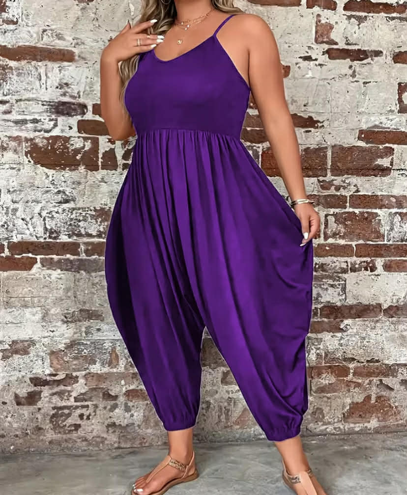 1 pc Women'S Plus Size Solid Ruched Loose Sleeveless Jumpsuit - Casual Comfortable Plus Size Clothing