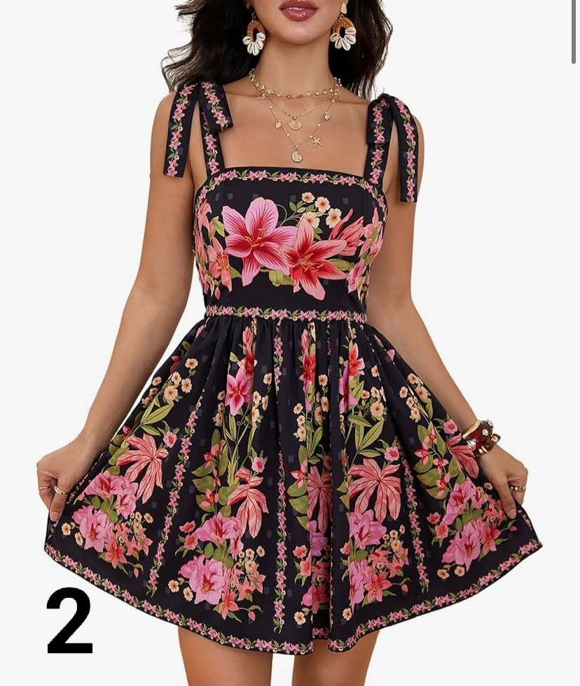 Women's Floral Boho Skater Mini Dresses Tie Shoulder Smocked A Line Ruffle Dress Going Out Sundress