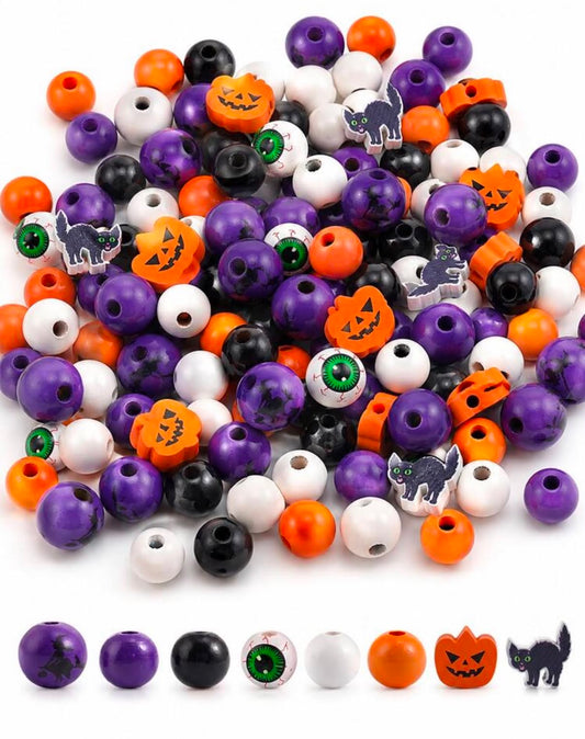 60pcs Mixed Halloween Wooden Beads Set, Includes Eyeballs, Witches, Pumpkins, Black Cats And More,