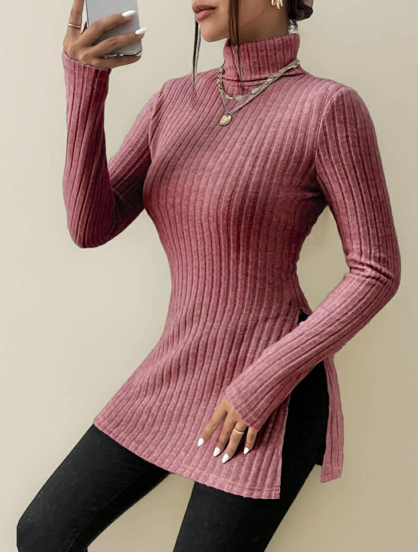 Women's Knit High Neck Split Hem Long Sleeve Casual T-Shirt