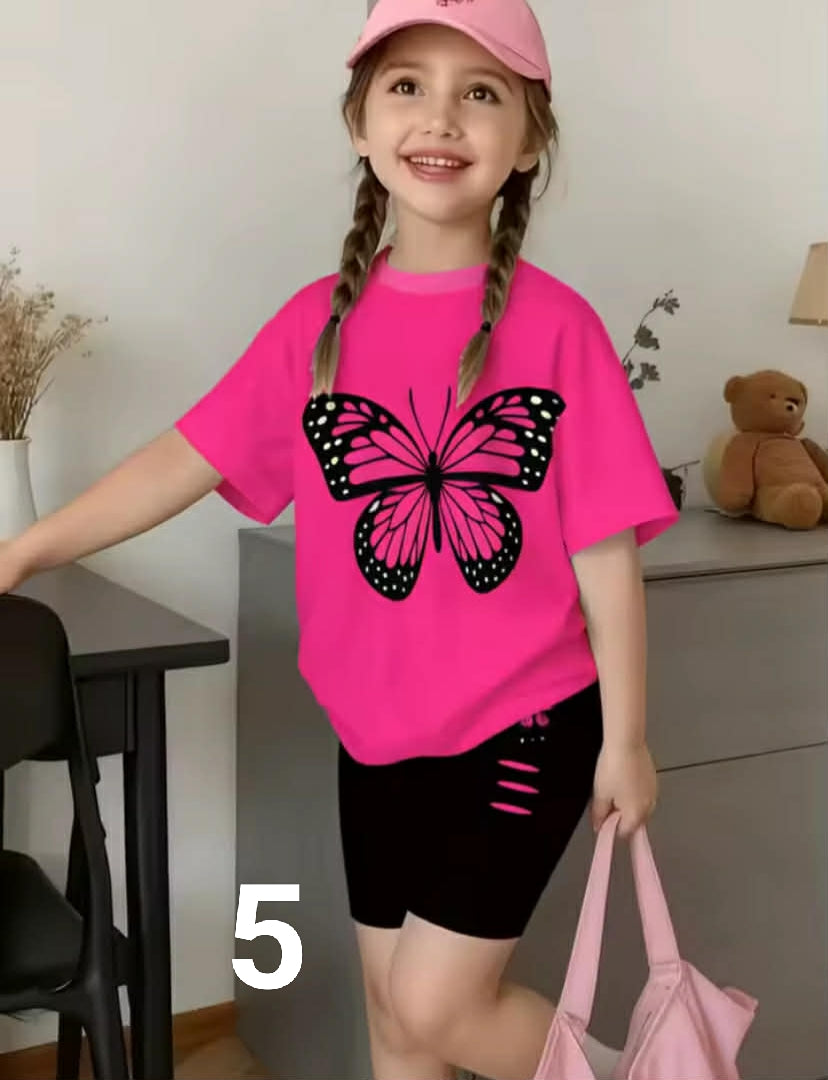 2-Piece Summer Children's Comfortable Cute Butterfly 3D Print Short Sleeve Shorts Set