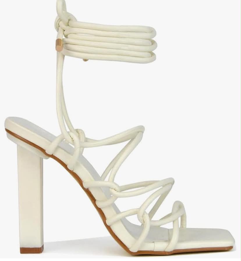 Womens High Heel Strappy Sandals Ladies Block Square Toe Tie Up Party Shoes