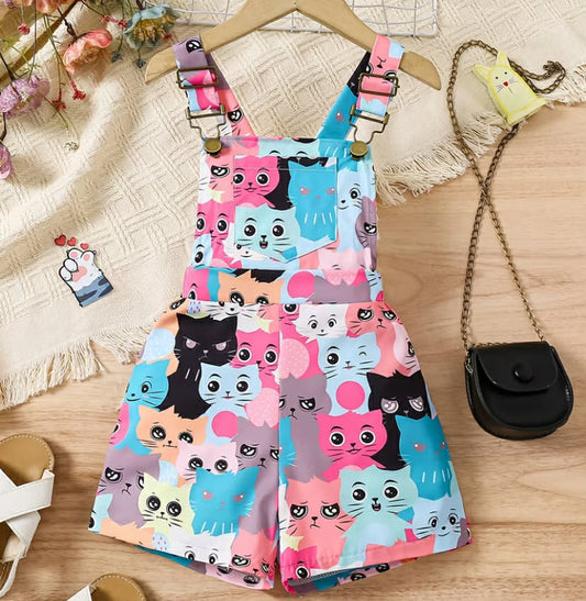 The Girls' Cartoon Jumpsuit with Straps Is Perfect for Summer, Featuring Pockets Suitable for Vacations, Beaches, And Casual Outings in Various Settings, for Outdoor