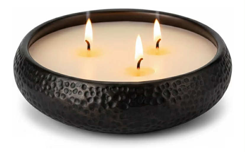 3 Wick Vanilla Scented Candle in Hammered Champagne Bowl (14 cm)