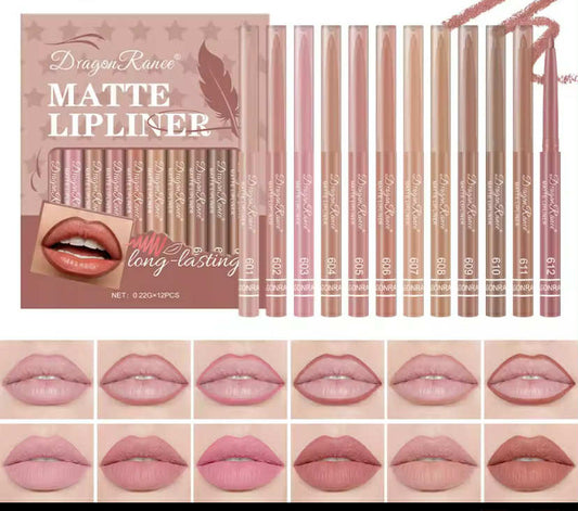 Dragon Ranee 12pcs Soft Matte Water Resistant Eraser Resistant Lip Liner