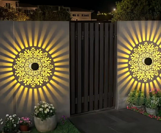 2 pcs Solar Mandala Rose Exterior Wall Light Fence Light Metal Solar Outdoor Wall Light Mandala Theme Fence Light, Suitable for Garden Pillars, Courtyards, and Backyard Decorations
