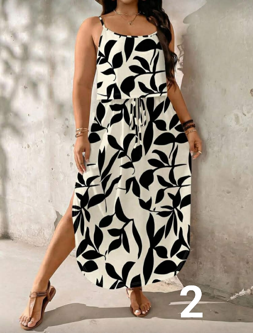 EMERY ROSE Black & White Leaf Print Plus Size Dress, Suitable For Summer Vacation,Summer Dresses For Women,Maxi Dress Chic Dress,Flower/Spring