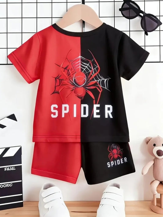Boys  Color - block Set Red-black Contrast Tee Matching Shorts Turns into Little Street Hero Instantly