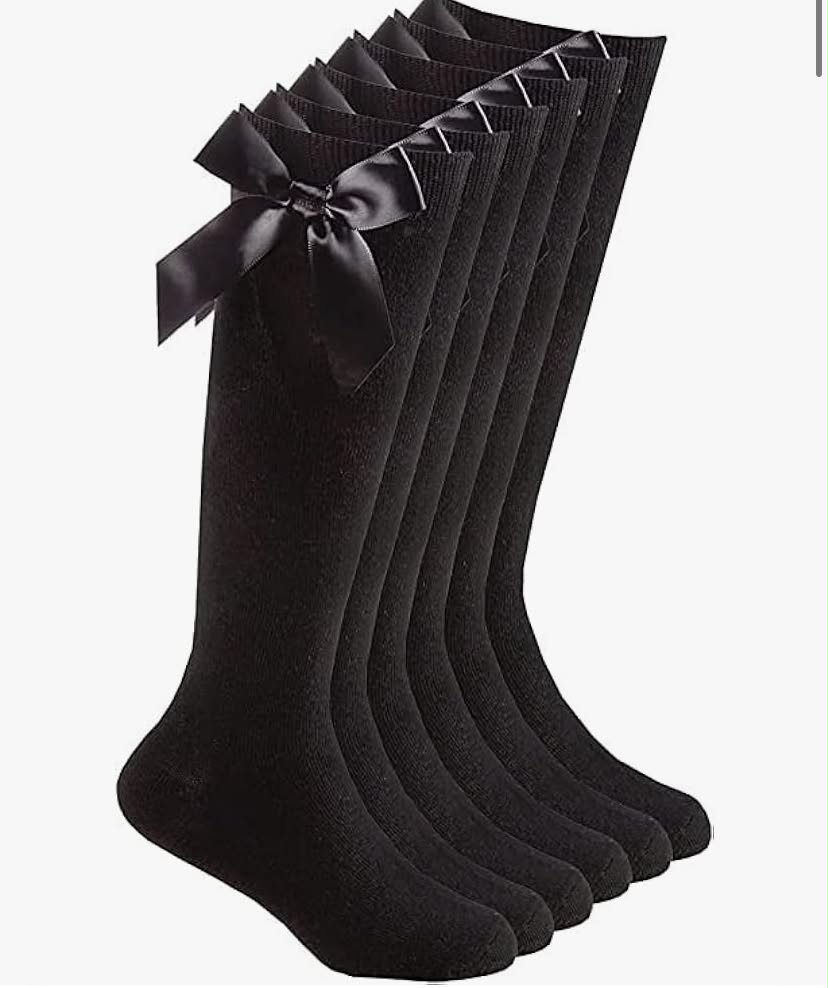 6 Pairs Girls Knee High Socks with Satin Bow Uniform Style with Fluffy Ribbons Back to School Multipack Party Wear Black White Navy Grey