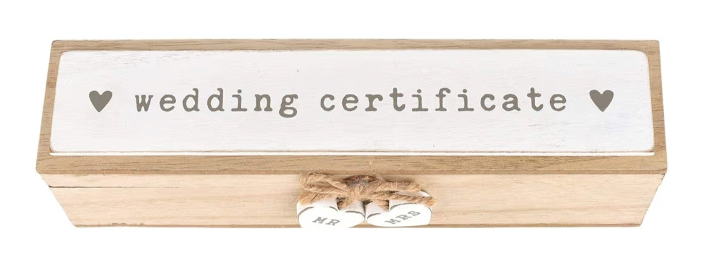 Love Story Wooden Wedding Day Marriage Certificate Holder Box with Hearts
