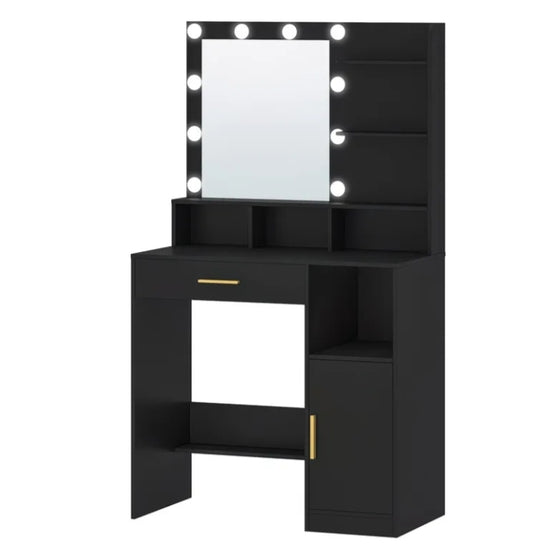Dressing Table with Mirror And 10 LED Lights, Vanity Table, Makeup Vanity with 3 Shelves & 4 Open Compartments, Large Drawer & Cabinet, Adjustable Lighting Brightness, Black