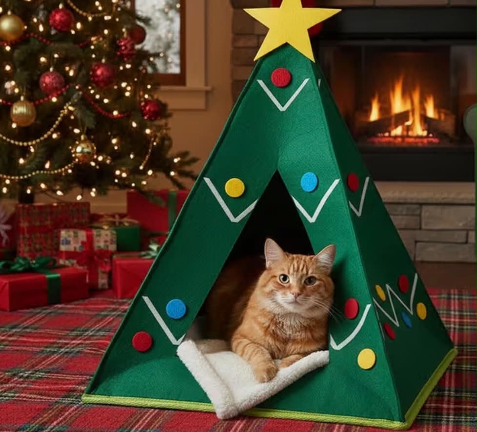 Christmas Pet Tent Cat House, Kitten House, Prevents Furniture Damage, Kitten Condo for Indoor Cats, Decorative 55x40x40cm