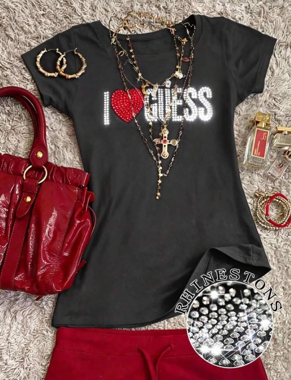 Women's Round Neck Short Sleeve T-Shirt,  Style Rhinestone Slogan & Colorful Diamond