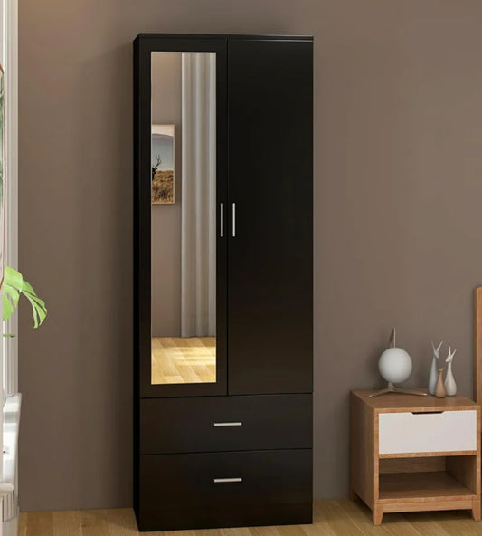2 Door 2 Drawers Mirrored Wardrobe with Hanging Rail Wooden Clothes Storage Cupboards Unit for Bedroom Furniture 77 x 50 x 180 cm (Black)