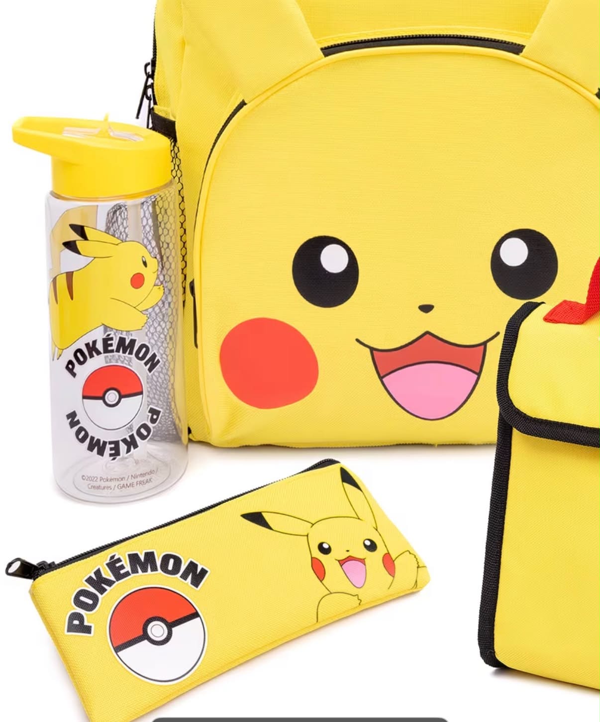 Pokemon Backpack For Kids Pikachu Merchandise Girls Boys Pokeball 3D Ears School Rucksack, Pencil Case, Water Bottle