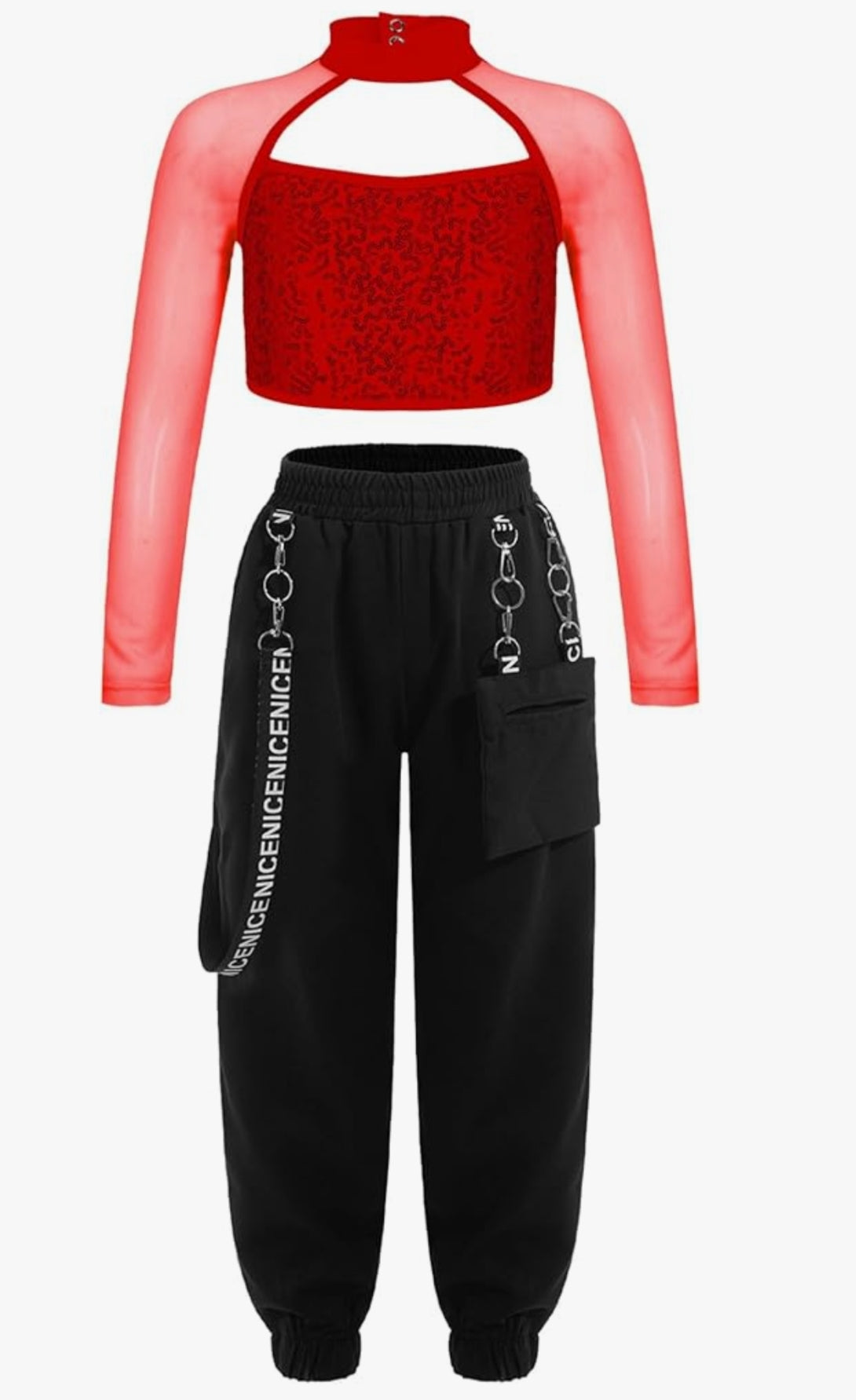 Kids Hip Hop Dance Clothes Girls Street Dance Outfits Mesh Sleeves Sequins Crop Tops and Jogger Pants Set