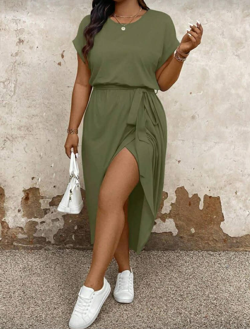 Women's Solid Round Neck Batwing Short Sleeve Asymmetrical Hem Casual Dress, Summer Maxi Women Outfit