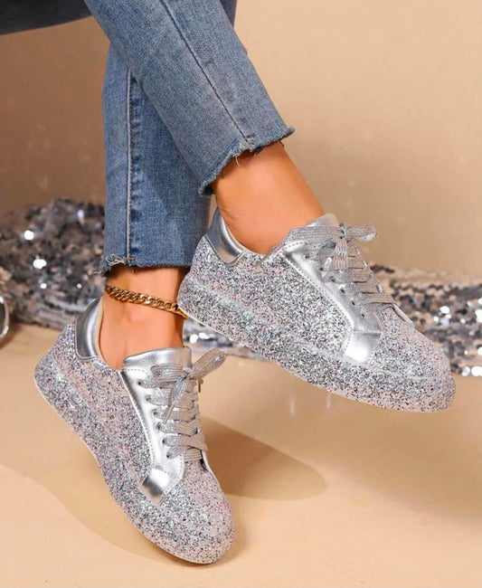 Fall/Winter Women's Fashionable Lace-Up Flat Casual Sports Shoes With Glitter Decoration, Daily Flat Shoes,Sneakers For Women