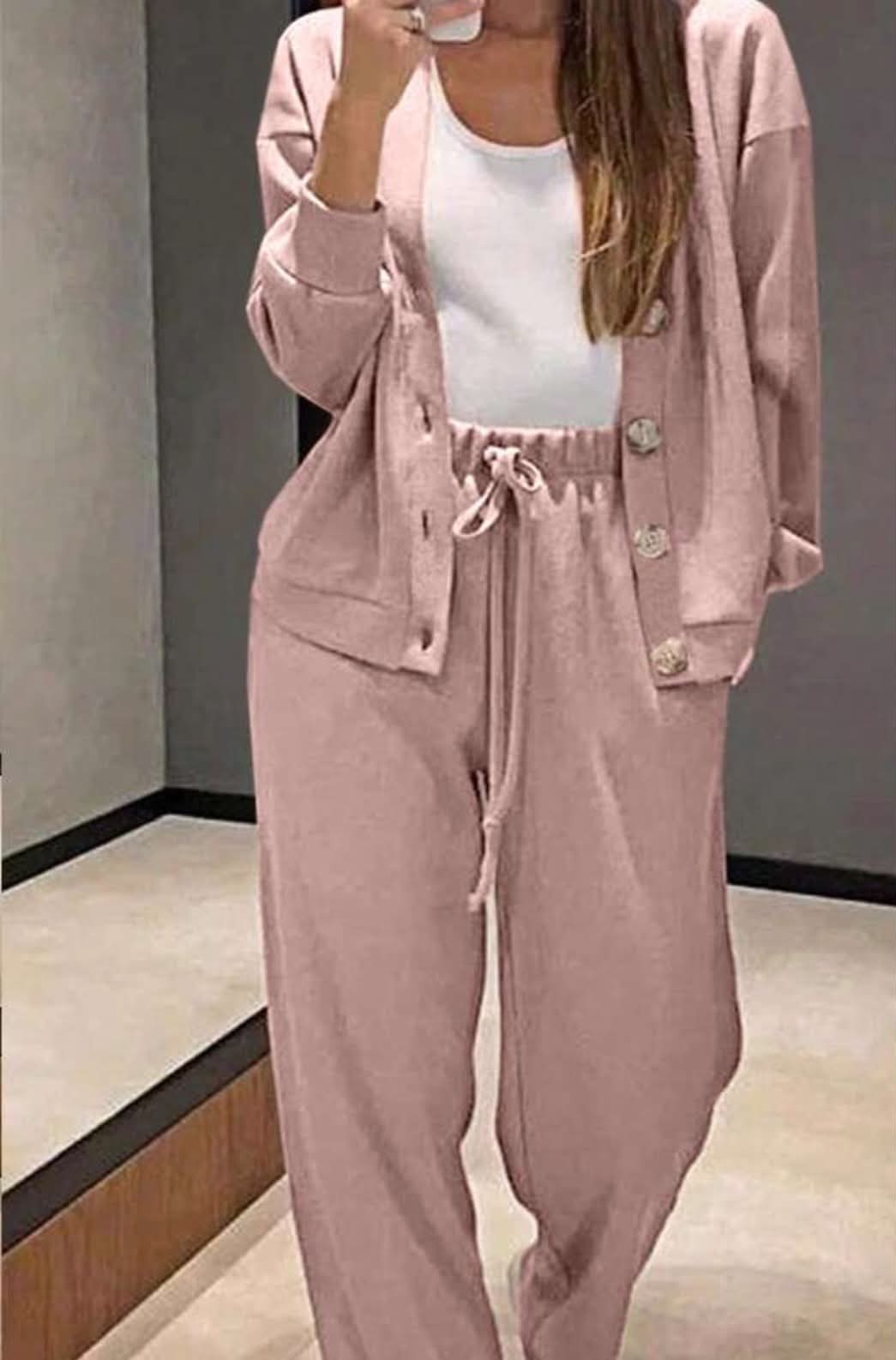 2pcs Women Casual Knit Cardigan Jacket And Drawstring Pants Set Spring Elegant