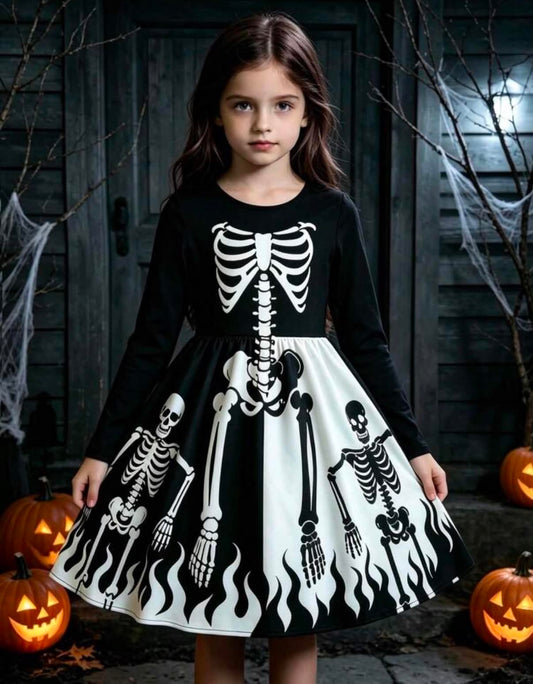 Halloween Girls Funny Skull Long Sleeve Dress