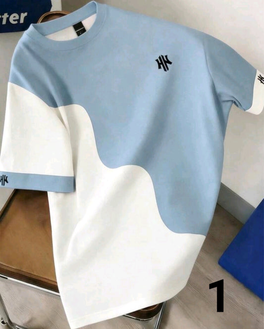 Plus Size Men's Blue & White Contrast Color T-Shirt, Suitable For Summer Outings, Fresh And Versatile