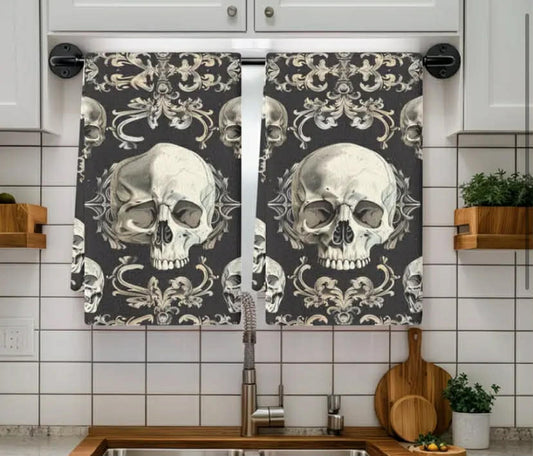 2 pcs Gothic Skull and Floral Print Dish Towels
